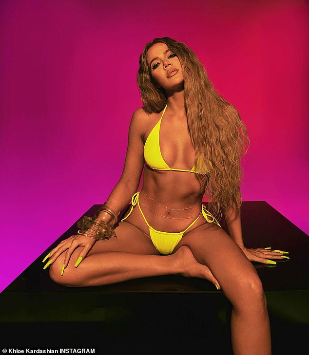 Incredible image: Khloe Kardashian proved she is winning in the buff body game as she showed off her spectacular frame while in a yellow ʙικιɴι from her brand Good American