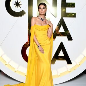 Hello, yellow: Lily Aldridge made a rare post-baby appearance as she attended the star-studded Bvlgari Hight Jewellery Exhibition on the Italian island of Capri on Thursday night