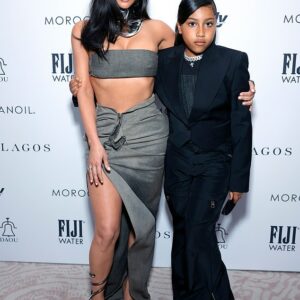 Bond: Kim Kardashian showed off her continually shrinking waist as she was joined by her nine-year-old daughter North West on the red carpet