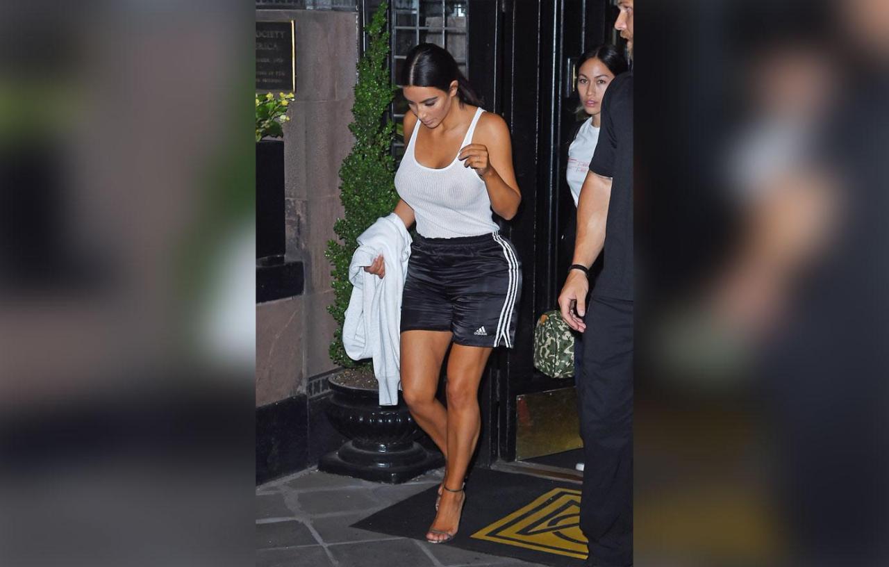 Kim Kardashian braless shorts heels