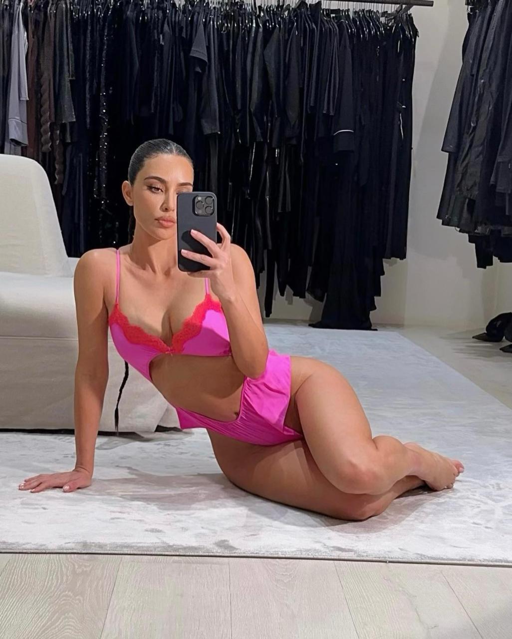 Kim Kardashian modeled pink Skims lingerie in a new post on Instagram