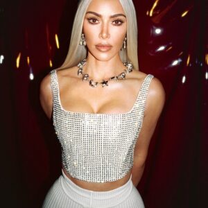 A new look: Kim Kardashian was a busy blonde babe in several promotional photos for Marc Jacobs' Resort 2023 collection